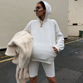 Athletic Style Hooded Sweatshirt Biker Short Matching Set - White